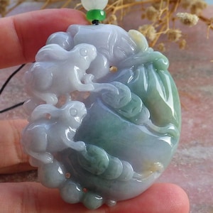 Certified Hand Carved Natural Myanmar Burma A Jade jadeite Zodiac Rabbit Ruyi Money Bag Pendant Necklace