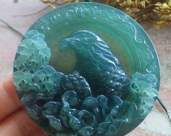 Certified Hand Carved Natural Grade A Jade jadeite Phoenix Bird Flower Lucky Amulet Circle Pendant Necklace