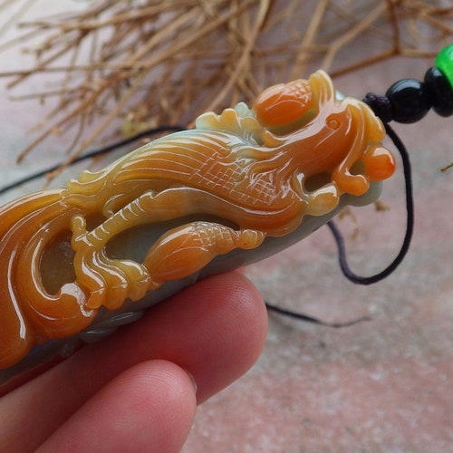 Certified Hand Carved Green Yellow Natural Myanmar Burma A Jade jadeite Phoenix Bird Lotus Flower Lucky Amulet shops Pendant Necklace
