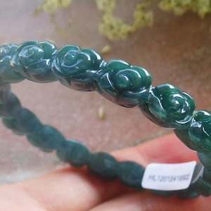 Certified Hand Carved Blue Water Green Natural Myanmar Burma A JADE Circle Jadeite Rose Flower Bracelet Bangle 54mm