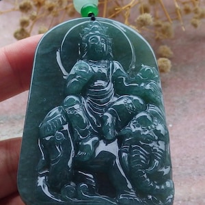 Certified Natural Hand Carved Myanmar Burma Green A Jade jadeite Guanyin Kwan Yin God Elephant Pendant Necklace