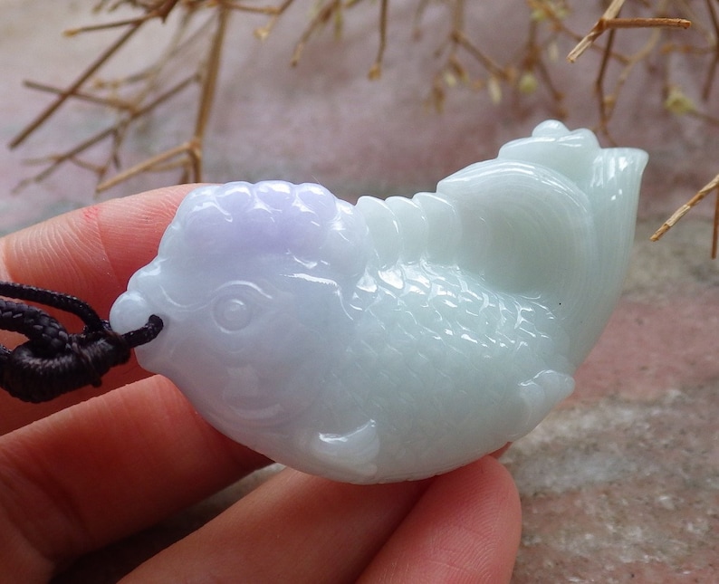 Certified Hand Carved Lavender Green Natural Burma Grade A Jade jadeite Fish Pendant Necklace