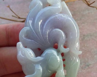 Certified Hand Carved Natural Myanmar Burma Grade A Jade Jadeite 9 tail Fox Lotus Ruyi Pendant Necklace