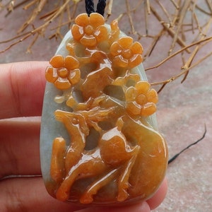 Zertifizierte Hand geschnitzte grün gelb Myanmar Burma 100% natürliche Klasse A Jade Jadeit Deer Blume Anhänger Halskette