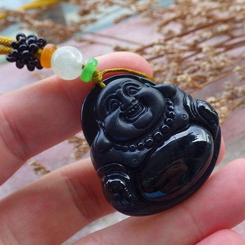 Certified Hand Carved Dark Green Black Natural Myanmar shops Burma A Jade Jadeite Happy Buddha God Pendant Necklace