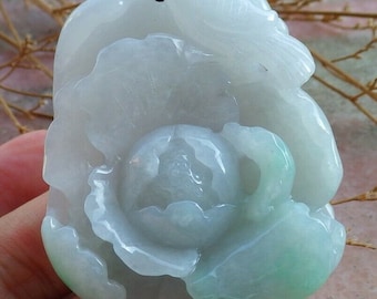 Pendentif En Jade Naturel – Phénix Et Fleurs – Or Jaune Et Vert – Birmanie 641277
