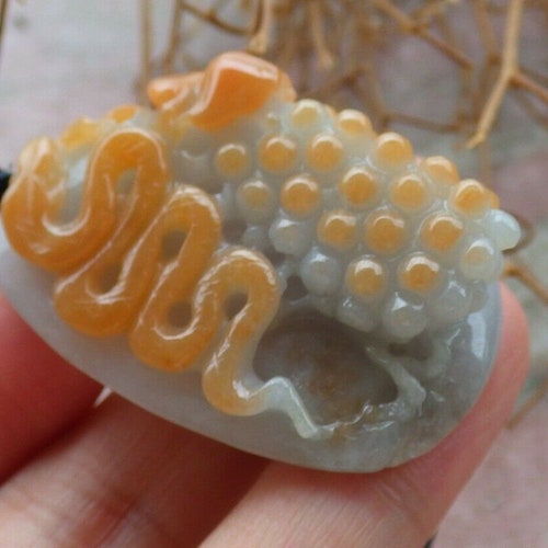 Certified Hand Carved Natural Green Yellow Myanmar Burma A shops Jade jadeite Snake Grape Pendant Necklace