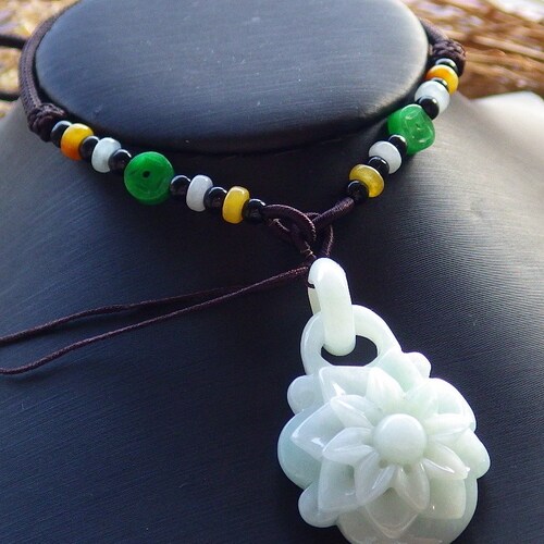 Certified Hand Carved Green Burma Natural A Jade jadeite Sun shops Flower With Ring Pendant Necklace