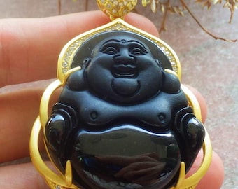 Certified Sterling Silver 925 Natural Burma A Hand Carved Black Green Jade Jadeite Buddha God Pendant Necklace with Chain
