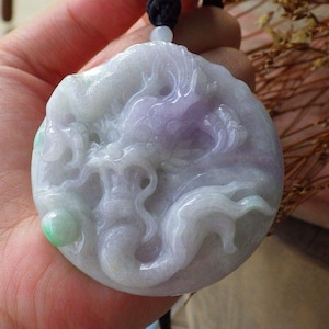 Certified Hand Carved Lavender Green Natural Myanmar Burma A Jade jadeite Dragon Bead Pendant Necklace