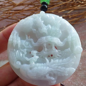 Certified Hand Carved Green Lavender Natural Myanmar Burma A Jade jadeite Dragon Phoenix Lotus Ruyi Pendant Necklace