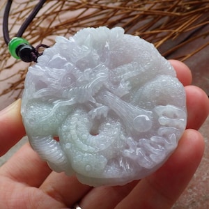 Certified Hand Carved Green Lavender Natural Myanmar Burma A Jade Jadeite Dragon Pendant Necklace