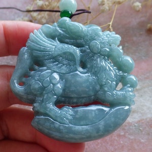 Certified Hand Carved Natural Green Myanmar Burma A Jade jadeite Flying Dragon Kai Lun Lucky Amulet Pendant Necklace