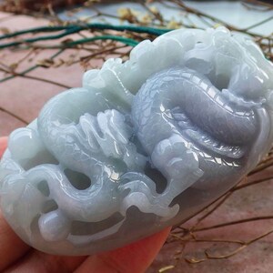 Certified Hand Carved Green Lavender Natural Myanmar Burma Grade A Jade jadeite Dragon Ruyi Lucky Amulet Pendant Necklace