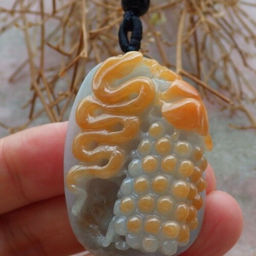 Certified Hand Carved Natural Green Yellow Myanmar Burma A shops Jade jadeite Snake Grape Pendant Necklace