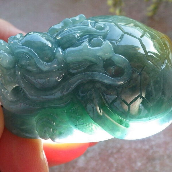 Certified Hand Carved Green Natural Myanmar Burma Grade A Jade jadeite Dragon Turtle Pendant Necklace