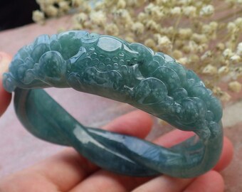 Certified Hand Carved Blue Water Green Natural Myanmar Burma A JADE Jadeite Rose Flower Circle Bangle Bracelet 63mm