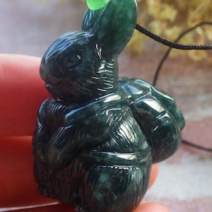 Certified Hand Carved Myanmar Burma Natural A Jade jadeite Rabbit Bag Lucky Amulet Pendant Necklace