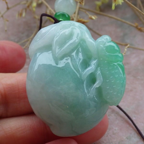 Certified Hand Carved Green Natural Myanmar Burma A Jade Jadeite Cicada Peach Lucky Amulet Pendant Necklace