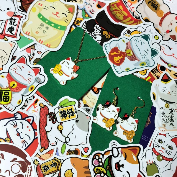 Lucky cat stickers, necklace, earrings - maneki neko