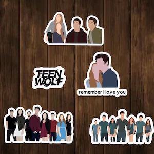 May include: A set of five stickers featuring characters from the TV show Teen Wolf. The stickers are white with black outlines and feature various characters from the show, including Scott McCall, Stiles Stilinski, Lydia Martin, and Allison Argent. One sticker features the words "Teen Wolf" in black text. Another sticker features the words "remember I love you" in black text.