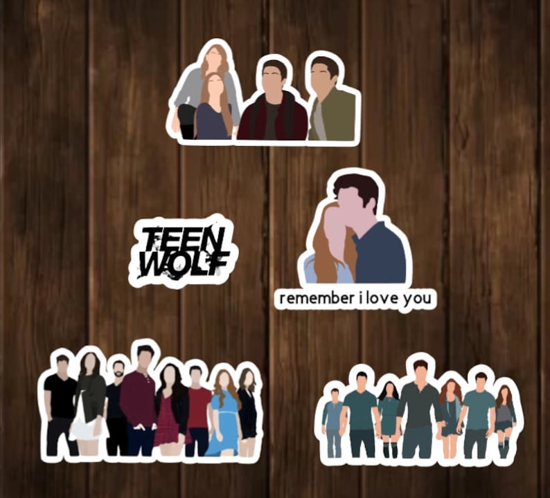 May include: A set of five stickers featuring characters from the TV show Teen Wolf. The stickers are white with black outlines and feature various characters from the show, including Scott McCall, Stiles Stilinski, Lydia Martin, and Allison Argent. One sticker features the words "Teen Wolf" in black text. Another sticker features the words "remember I love you" in black text.