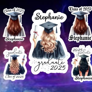 May include: Four graduation stickers featuring a female graduate in a cap and gown. The stickers include the text "Class of 2025", "Stephanie", and "graduate 2025".
