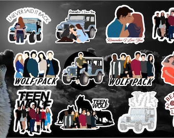 May include: A collection of stickers featuring characters and imagery from the TV show "Teen Wolf." Designs include the text "I Never Said It Back," "Remember I Love You," and "Wolf Pack," along with images of a Jeep and a lacrosse player.