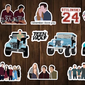May include: A set of 10 Teen Wolf stickers featuring characters, logos, and quotes from the show. The stickers are printed on white vinyl and have a glossy finish.