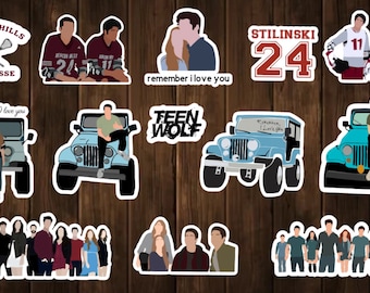 May include: A set of 10 Teen Wolf stickers featuring characters, logos, and quotes from the show. The stickers are printed on white vinyl and have a glossy finish.
