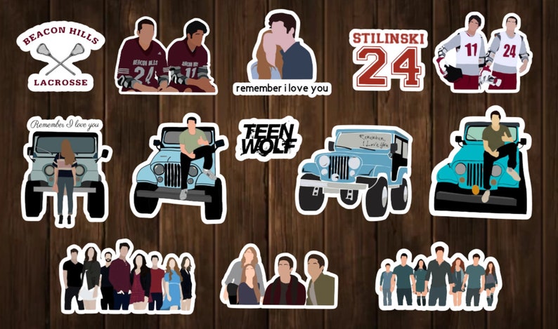 May include: A set of 10 Teen Wolf stickers featuring characters, logos, and quotes from the show. The stickers are printed on white vinyl and have a glossy finish.