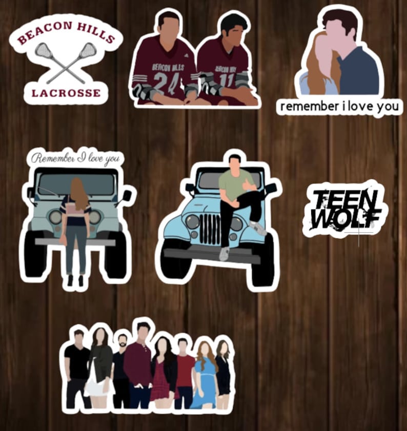May include: A set of nine stickers featuring characters and logos from the TV show Teen Wolf. The stickers include a lacrosse team logo, a jeep, a couple, a group of people, and the words "Teen Wolf" and "Remember I love you".