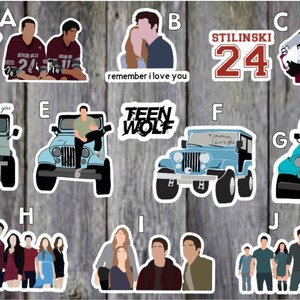 May include: A set of ten stickers featuring characters and imagery from the TV show Teen Wolf. The stickers are printed on white paper with a glossy finish. The stickers include a lacrosse team logo, a jeep, a couple, a hockey player, and a group of characters.