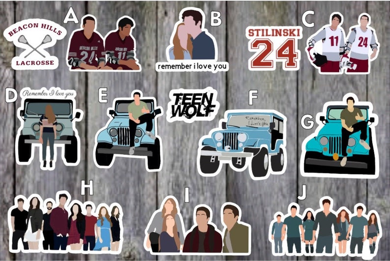 May include: A set of ten stickers featuring characters and imagery from the TV show Teen Wolf. The stickers are printed on white paper with a glossy finish. The stickers include a lacrosse team logo, a jeep, a couple, a hockey player, and a group of characters.