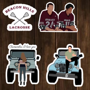 May include: Four stickers featuring characters and a jeep from the TV show "One Tree Hill". The first sticker shows two lacrosse players wearing maroon jerseys with the text "Beacon Hills" and their jersey numbers. The second sticker shows a jeep with the text "Remember I love you" above it. The third sticker shows a girl standing in front of a blue jeep. The fourth sticker shows a man sitting on the hood of a blue jeep.