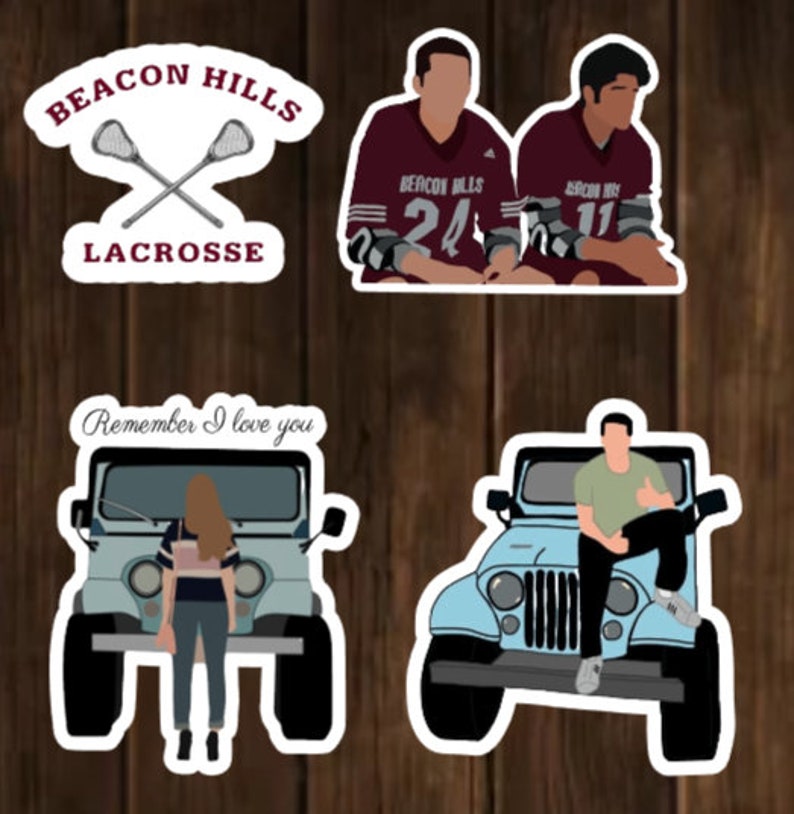 May include: Four stickers featuring characters and a jeep from the TV show "One Tree Hill". The first sticker shows two lacrosse players wearing maroon jerseys with the text "Beacon Hills" and their jersey numbers. The second sticker shows a jeep with the text "Remember I love you" above it. The third sticker shows a girl standing in front of a blue jeep. The fourth sticker shows a man sitting on the hood of a blue jeep.
