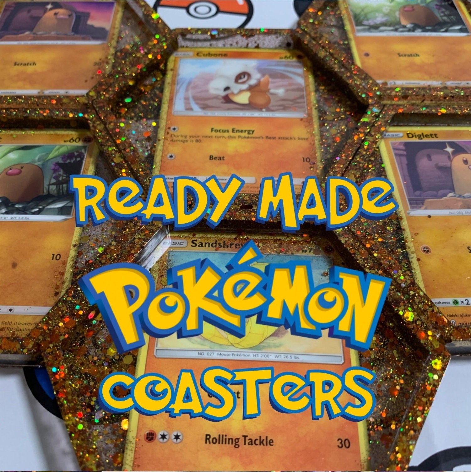pokemon card coasters Basic Energy Pokémon handmade Coaster – Wood and Resin Poké Ball