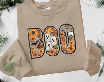 Sudadera con bordado floral de Halloween, jersey de cuello redondo espeluznante y adorable, suéter acogedor con estética otoñal, top extragrande con estampado floral de calabaza fantasma.