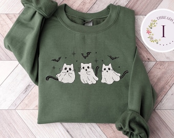 Sweat brodé chats fantômes : ras du cou effrayant d'Halloween