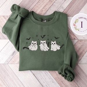 Ghost Cats Embroidered Sweatshirt, Halloween Cat Crewneck, Spooky Bats & Cats, Autumn Fashion, Scary Cat Apparel, Halloween Gift