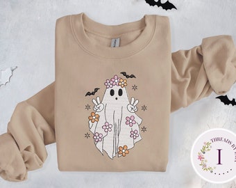 Sudadera de Halloween con bordado de fantasmas bohemios: cuello redondo otoñal espeluznante