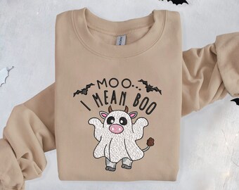 Sudadera de cuello redondo bordada de Halloween: sudadera con capucha de vaca fantasma