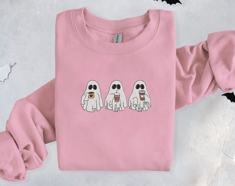 Sudadera de fantasmas de café bordado de Halloween, ropa linda de Halloween, cuello redondo fantasma bordado, cuello redondo de otoño