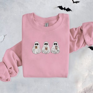 Halloween Embroidered Coffee Ghosts Sweatshirt, Cute Halloween Apparel, Embroidered Ghost Crewneck, Autumn Crewneck