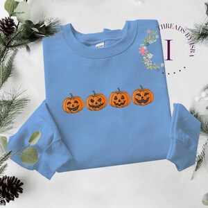Pu&ograve; includere: Una felpa blu chiaro con una fila di quattro zucche arancioni a forma di jack-o'-lantern con occhi e bocche nere. Le zucche sono ricamate sulla felpa.