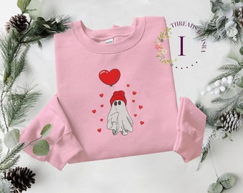Sudadera con bordado de fantasma de San Valentín: sudadera con capucha o jersey con globos de corazón