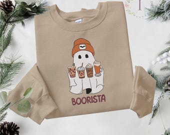 Sudadera con bordado de fantasmas de Boorista: cuello redondo para amantes del café de Halloween