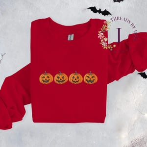 Pu&ograve; includere: Maglietta rossa a maniche lunghe con una fila di quattro zucche di Halloween arancioni ricamate. La maglietta ha un collo rotondo e maniche lunghe.