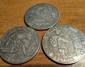 3 "Hobo dollars". Like the original Hobo Nickel but larger and machine made. Unique. Fantasy.