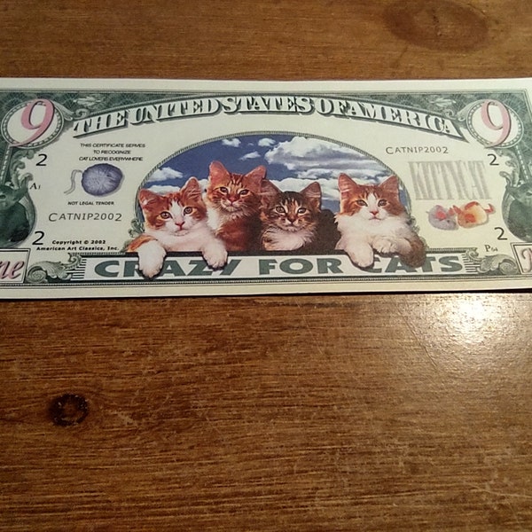 CRAZY FOR CATS, 9 dollar novelty bill (not real) Sleeved. Free Ship.